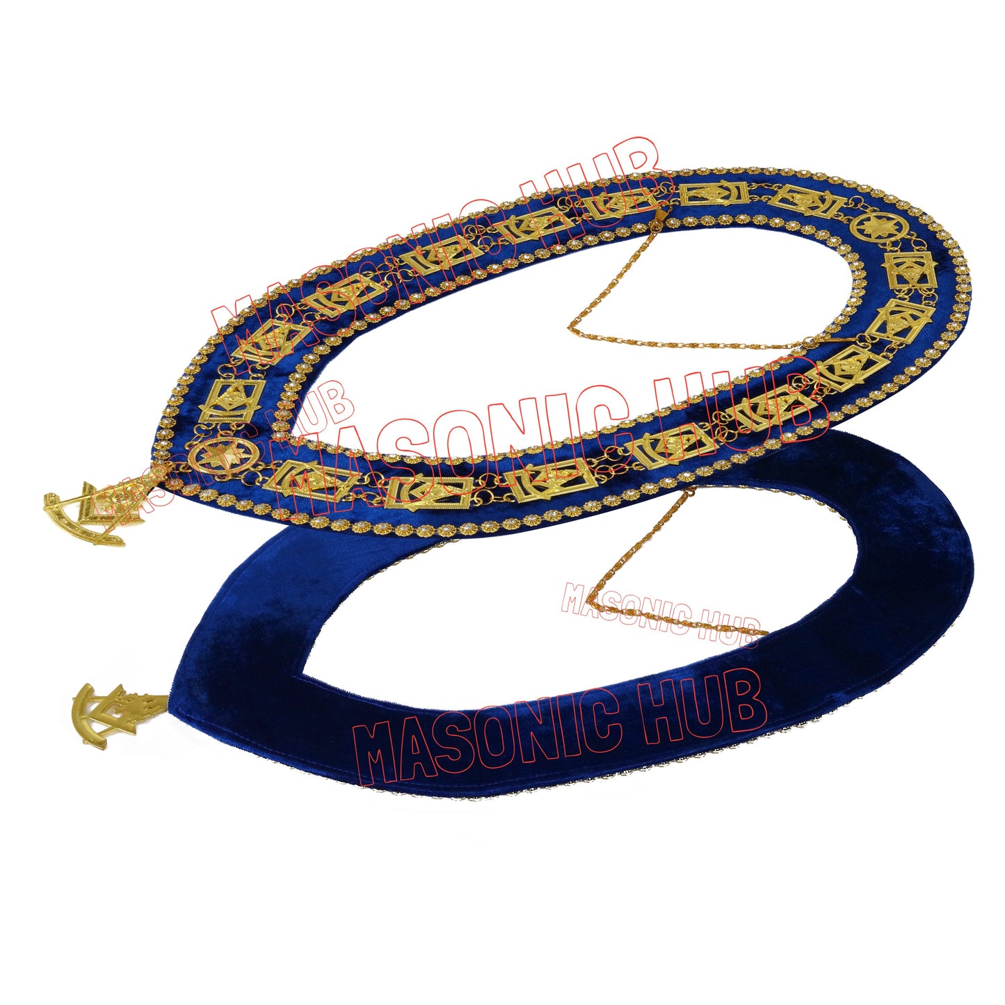 Masonic Past Master Metal Chain Collar Blue Backing With Rhinestones + Free Jewe