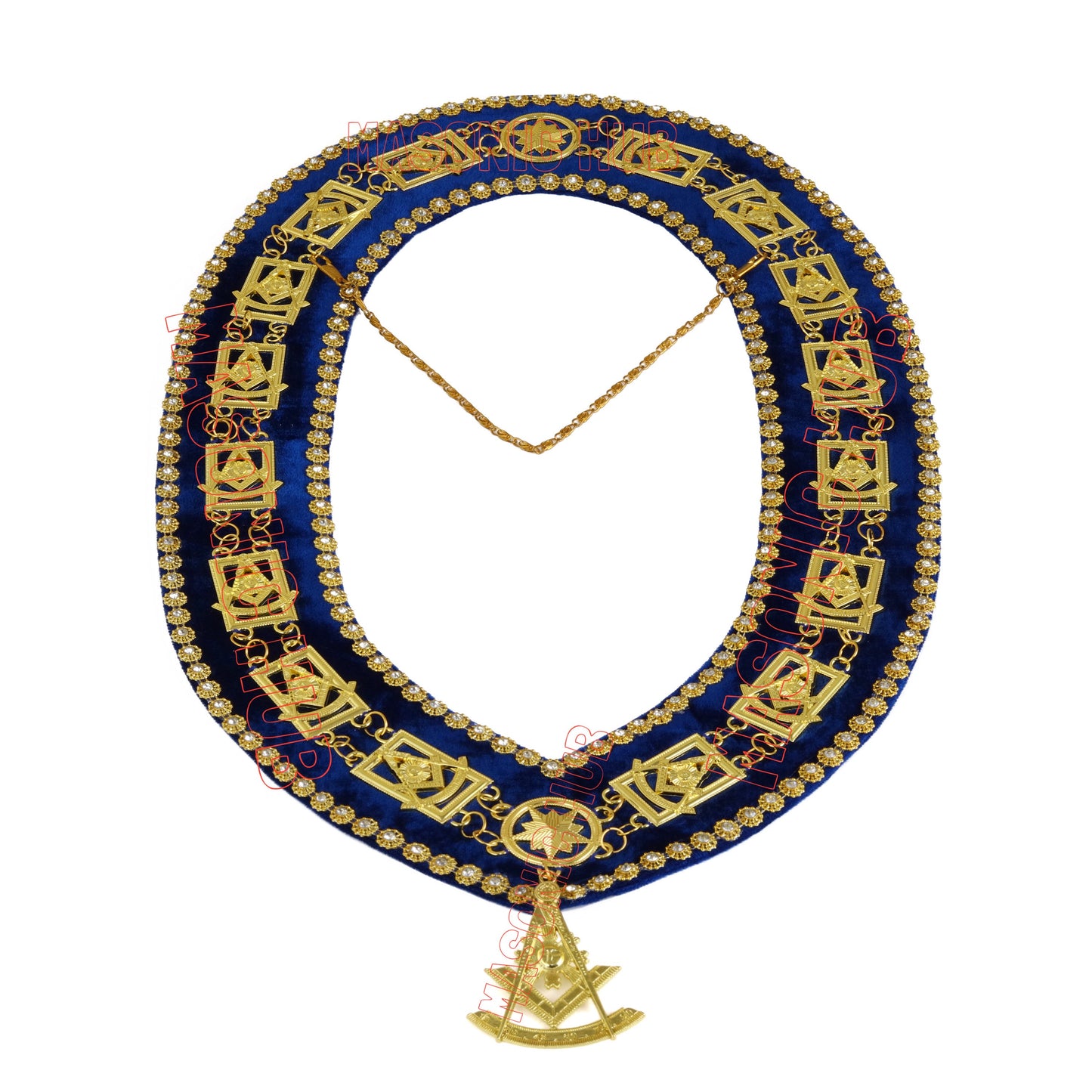 Masonic Past Master Metal Chain Collar Blue Backing With Rhinestones + Free Jewe