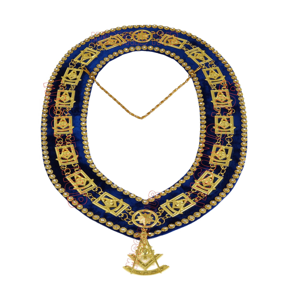 Masonic Past Master Metal Chain Collar Blue Backing With Rhinestones + Free Jewe Masonic Hub