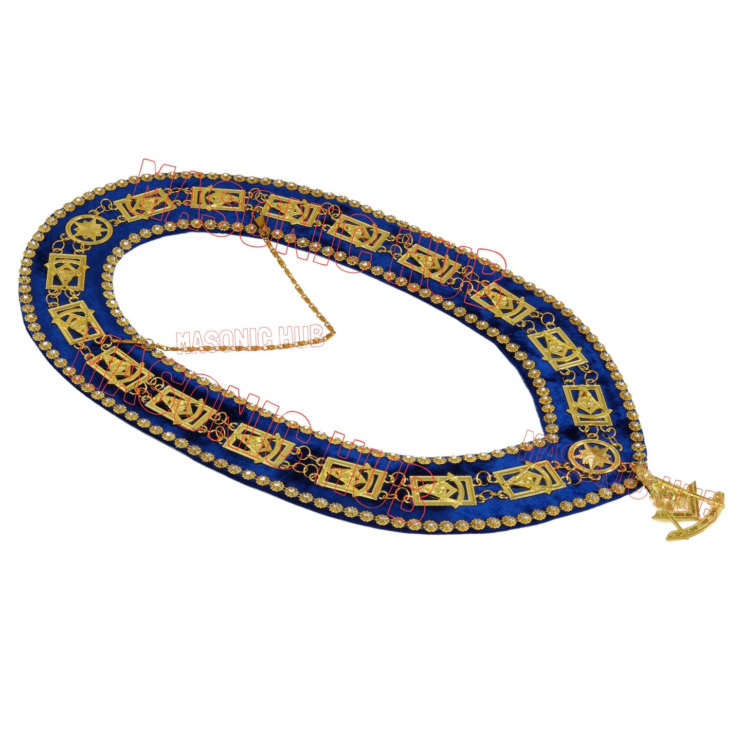 Masonic Past Master Metal Chain Collar Blue Backing With Rhinestones + Free Jewe