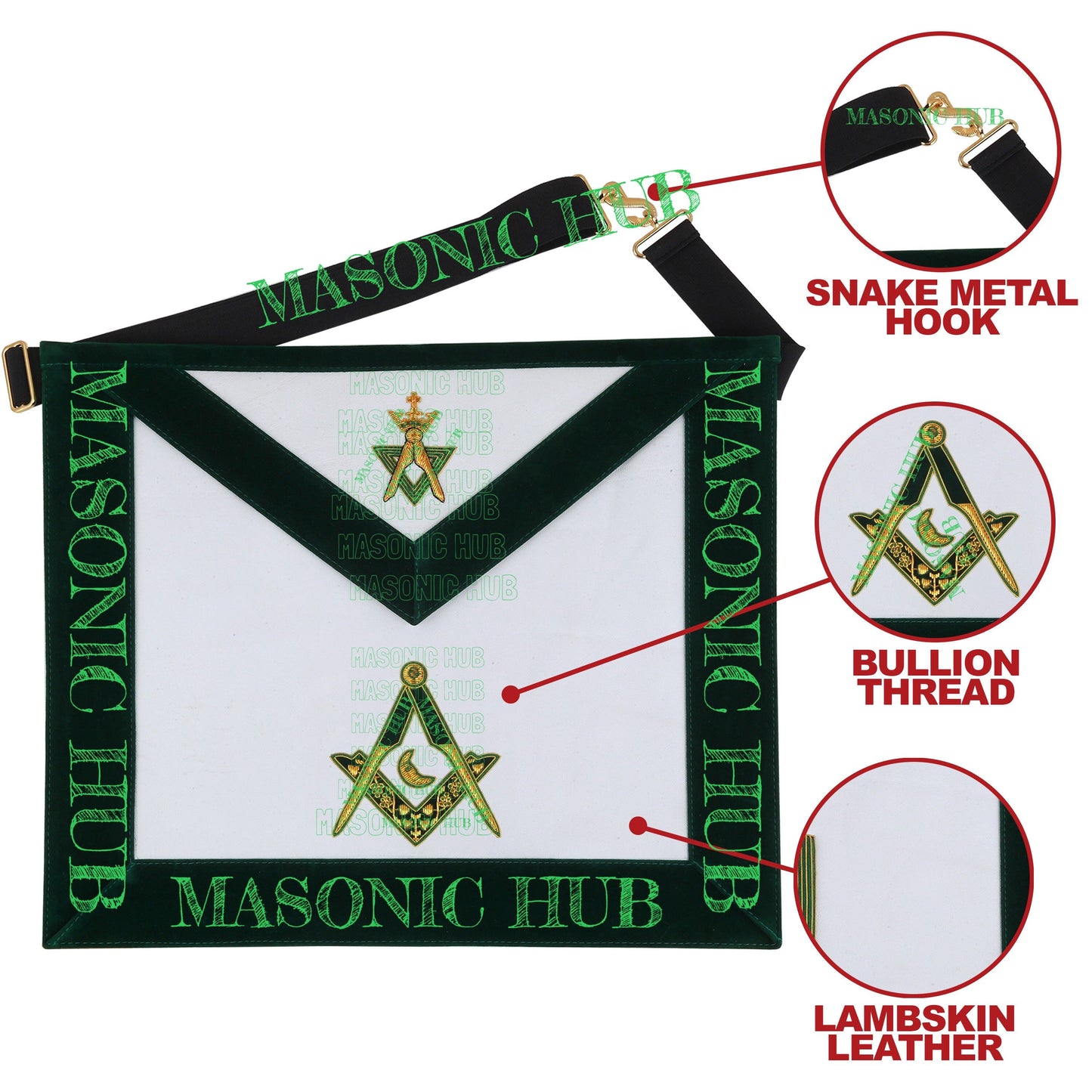 Hand-Embroidered Allied Masonic Degree (AMD) Officer Apron Junior Deacon Regalia