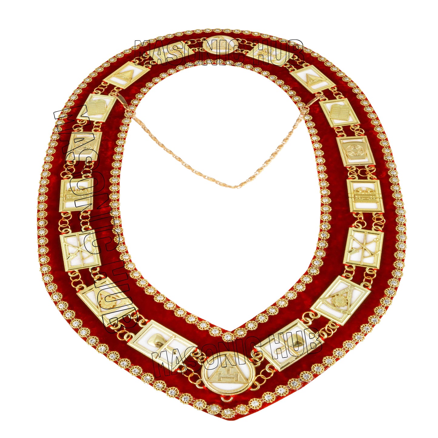 Masonic Royal Arch Past High Priest (PHP) Metal Chain Collar – Gold-Plated with Rhinestones & White Backing