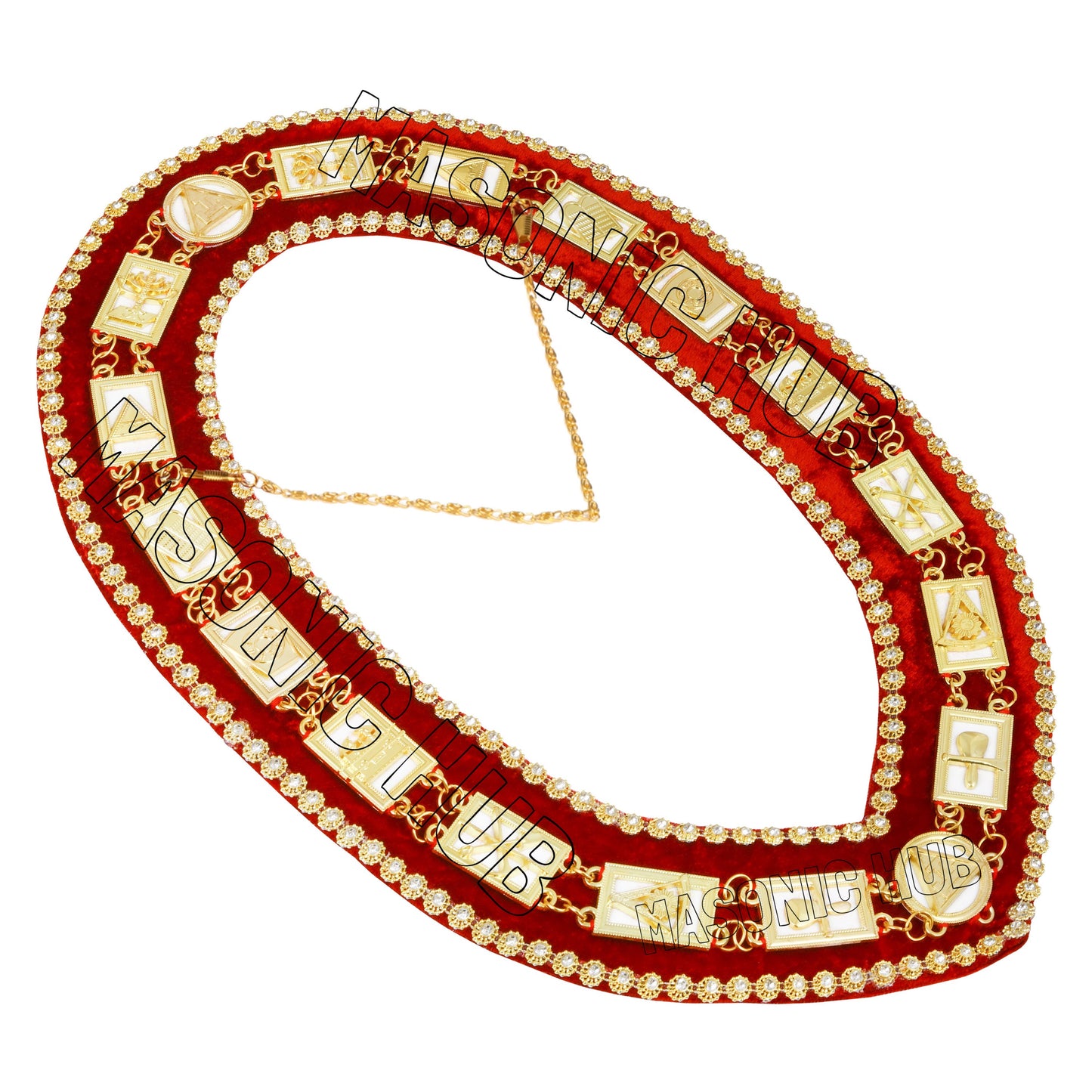 Masonic Royal Arch Past High Priest (PHP) Metal Chain Collar – Gold-Plated with Rhinestones & White Backing