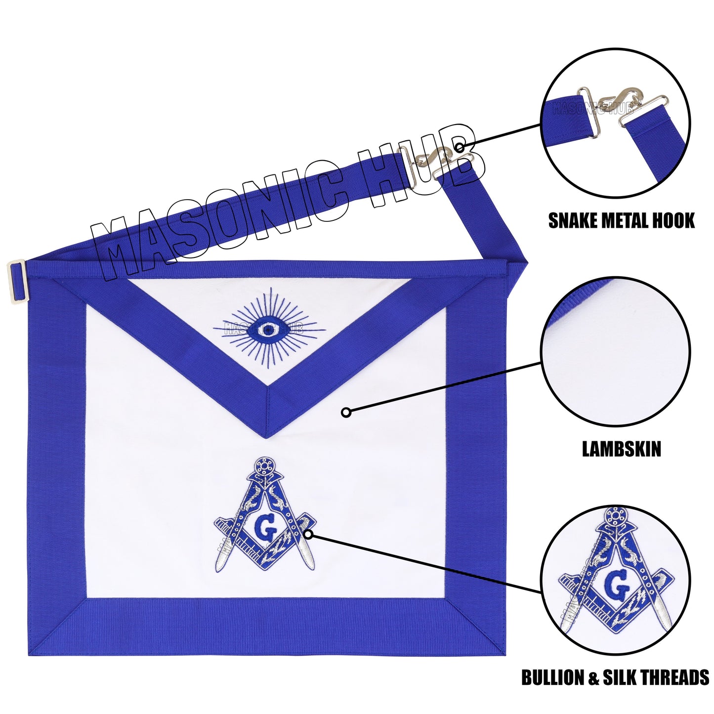 MASONIC MASTER MASON 100% LAMBSKIN APRON BLUE HAND EMBROIDERED SILVER BULLION