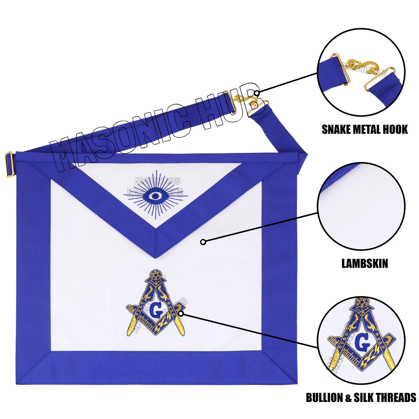 MASONIC MASTER MASON 100% LAMBSKIN APRON BLUE HAND EMBROIDERED GOLD BULLION