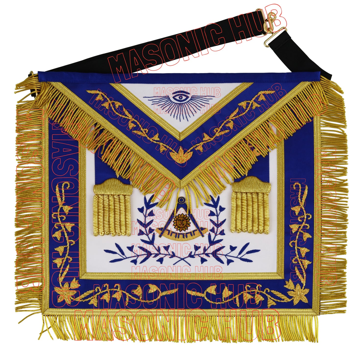 Masonic Past Master Hand-Embroidered 100% Lambskin Apron with Blue Silk Border & Gold Bullion Fringe
