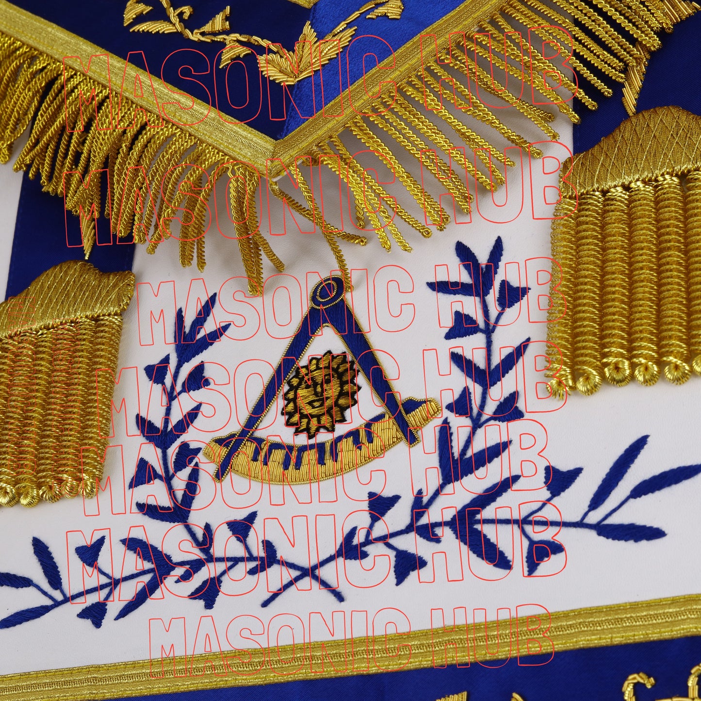 Masonic Past Master Hand-Embroidered 100% Lambskin Apron with Blue Silk Border & Gold Bullion Fringe