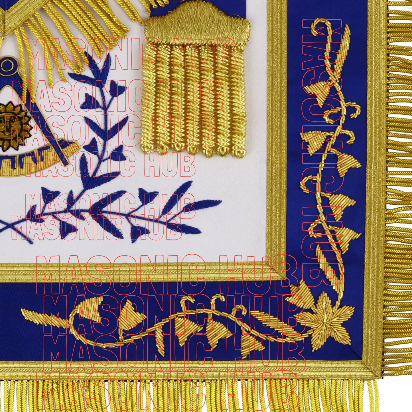 Masonic Past Master Hand-Embroidered 100% Lambskin Apron with Blue Silk Border & Gold Bullion Fringe