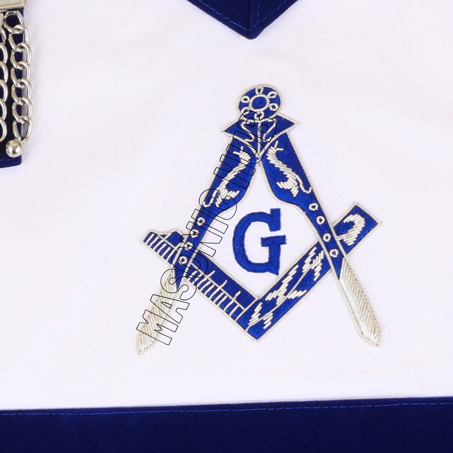 Masonic Master Mason 100% Lambskin Apron – Blue Velvet with Silver Bullion Embroidery