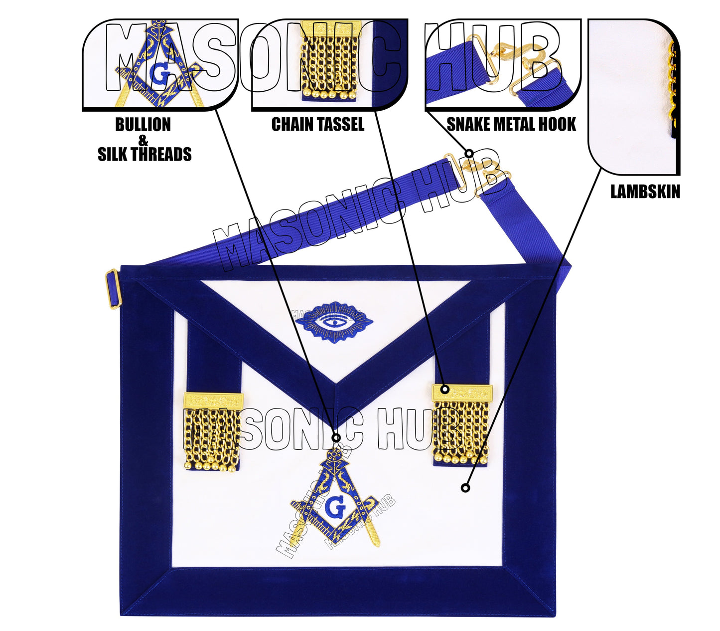 Masonic Master Mason 100% Lambskin Apron – Blue Velvet with Gold Bullion Embroidery