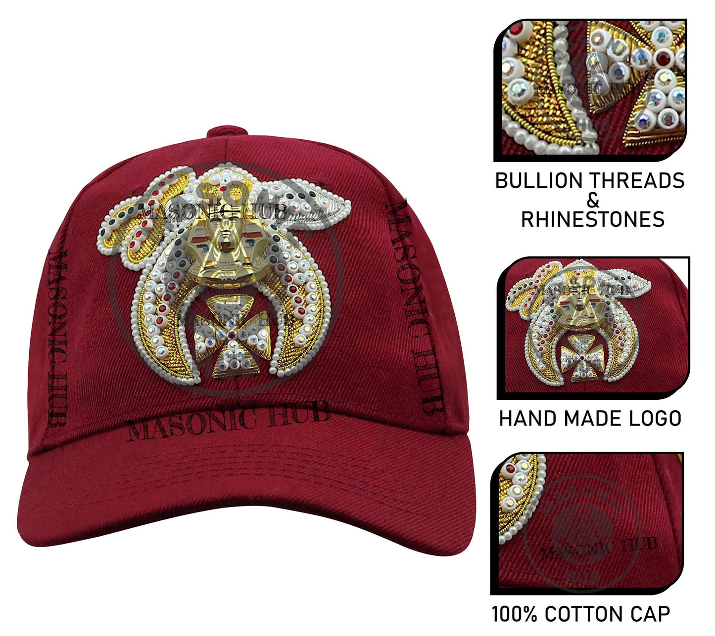 Masonic Shriner Maroon Cap – Handcrafted with Lotus Emblem Rhinestones & Bullion