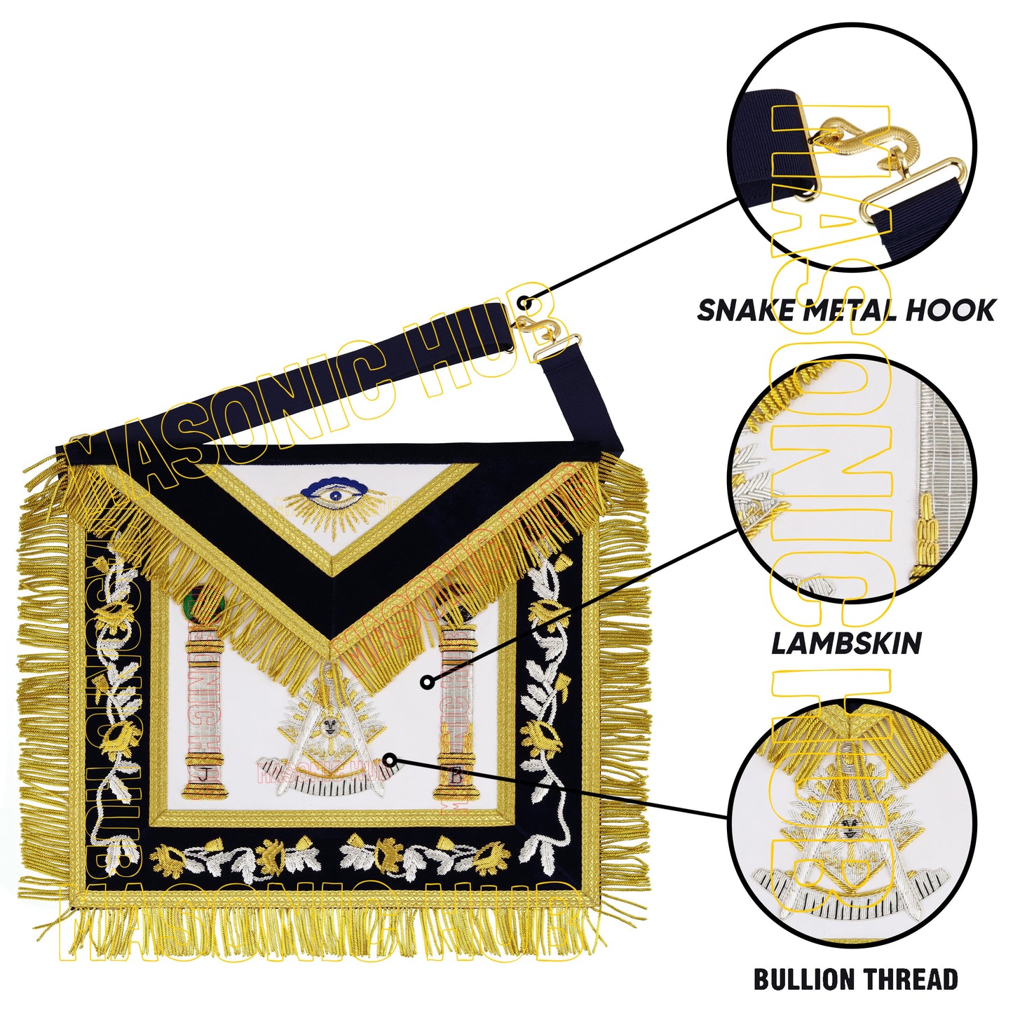 Masonic Past Master 100% Lambskin Apron – Hand-Embroidered Gold & Silver Bullion