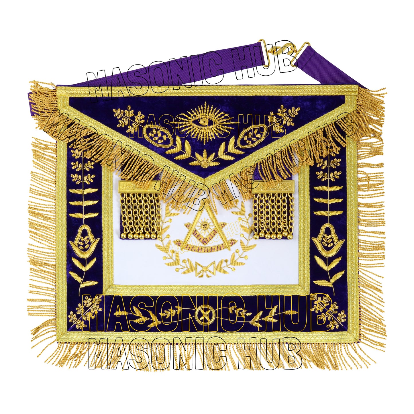 MASONIC GRAND LODGE PAST MASTER 100% LAMBSKIN APRON WITH CHAIN COLLA + CUFFS SET