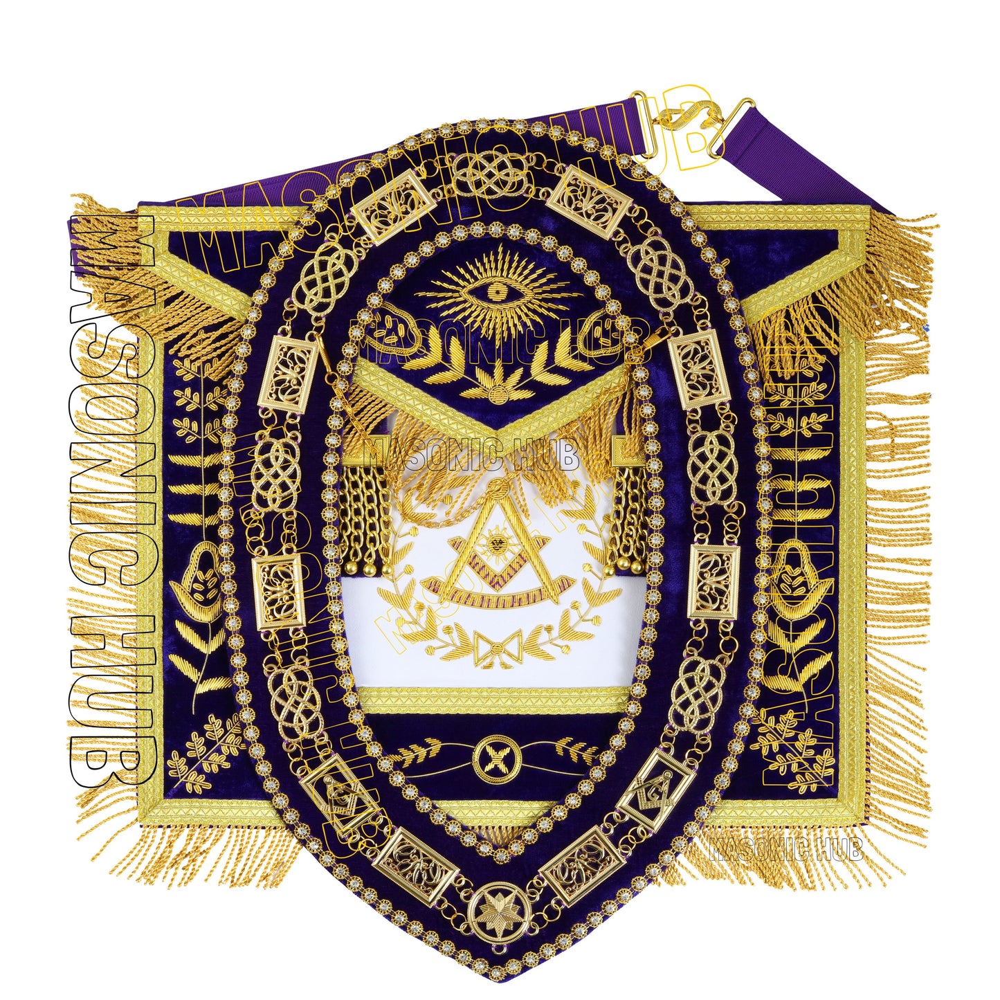 MASONIC GRAND LODGE PAST MASTER 100% LAMBSKIN APRON WITH CHAIN COLLA + CUFFS SET