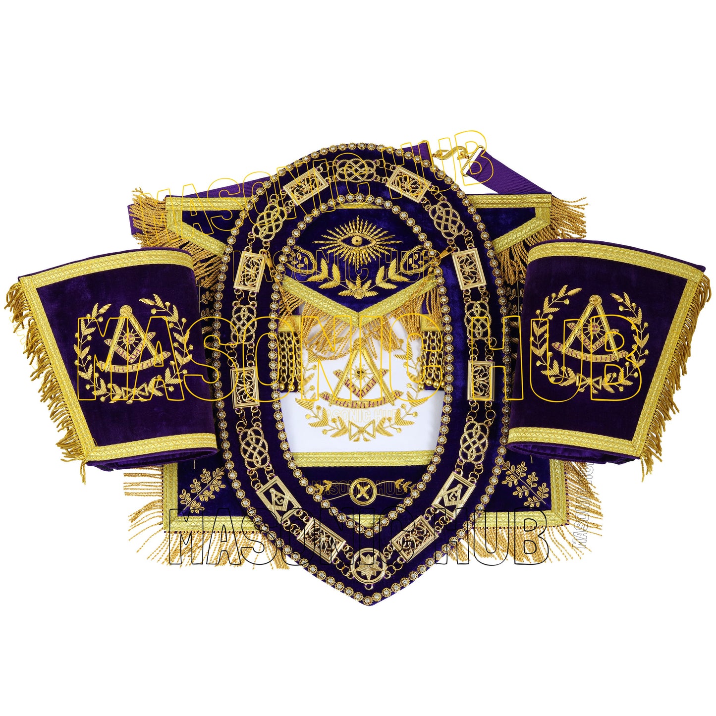 MASONIC GRAND LODGE PAST MASTER 100% LAMBSKIN APRON WITH CHAIN COLLA + CUFFS SET