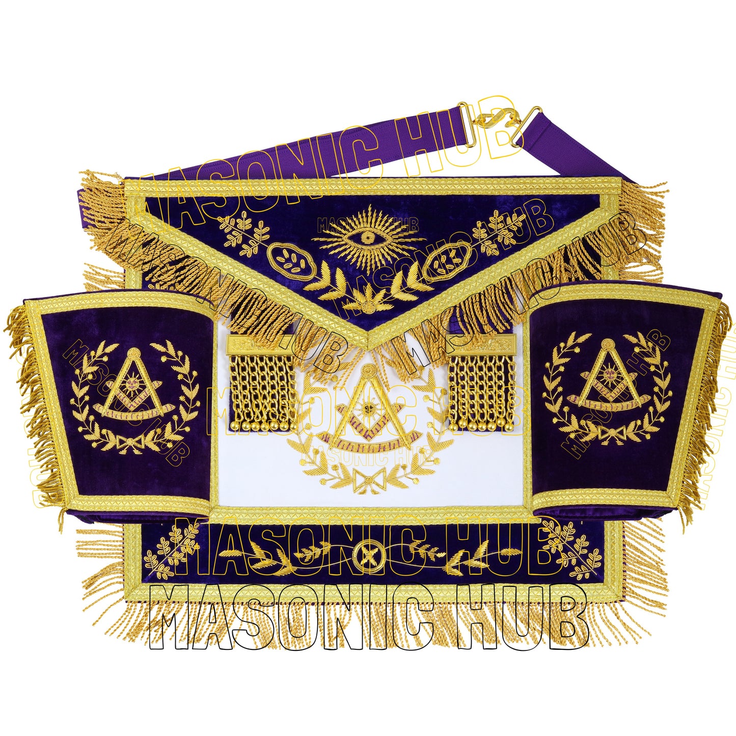 MASONIC GRAND LODGE PAST MASTER 100% LAMBSKIN APRON WITH CHAIN COLLA + CUFFS SET