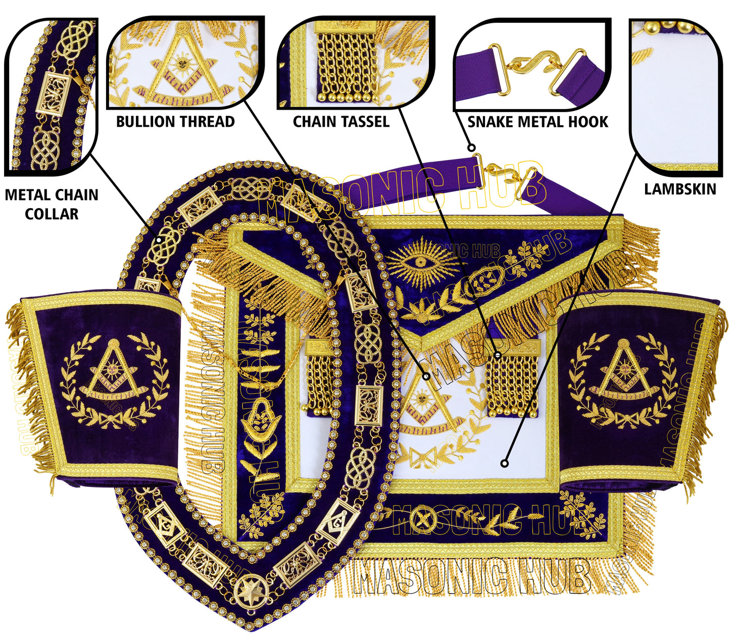 MASONIC GRAND LODGE PAST MASTER 100% LAMBSKIN APRON WITH CHAIN COLLA + CUFFS SET