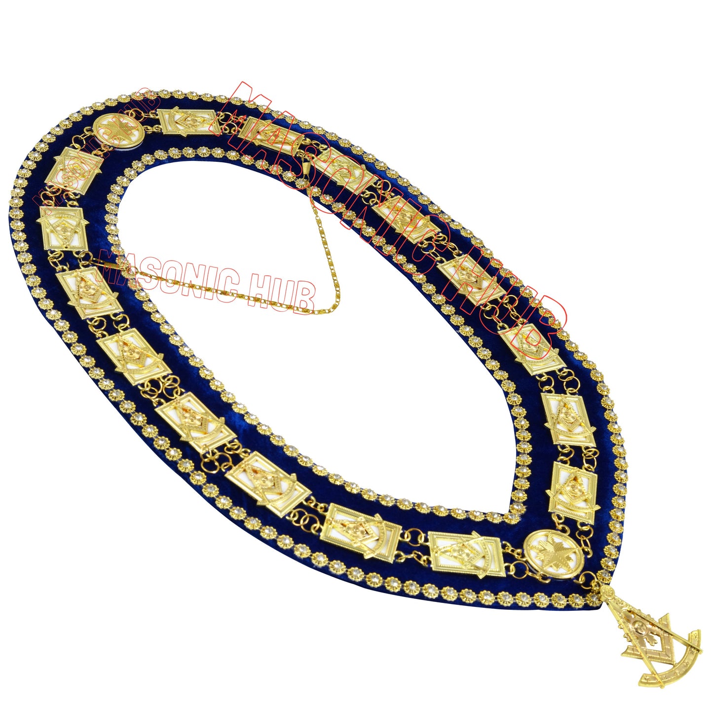 Masonic Past Master Metal Chain Collar Blue Backing With Rhinestones + Free Jewe