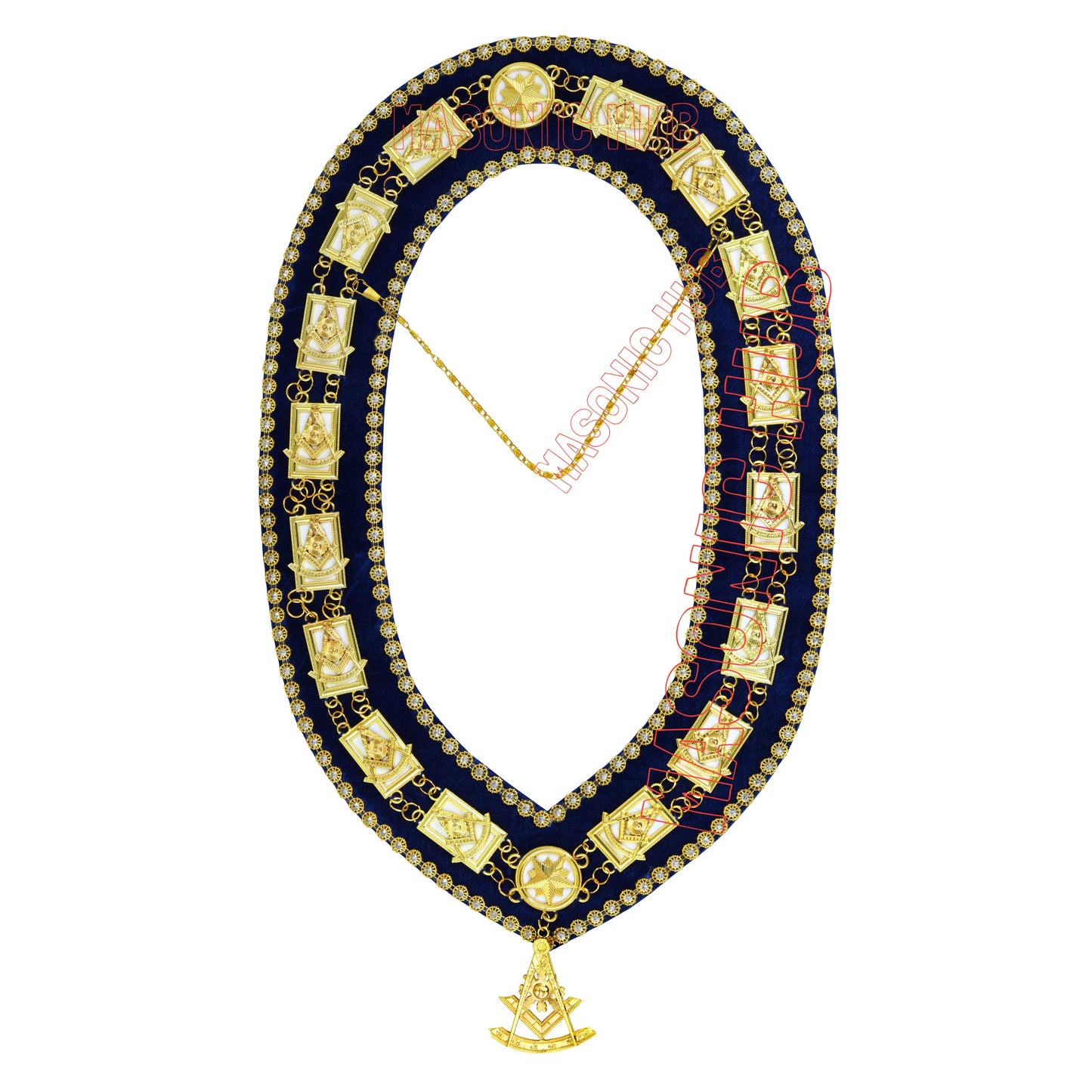 Masonic Past Master Metal Chain Collar Blue Backing With Rhinestones + Free Jewe