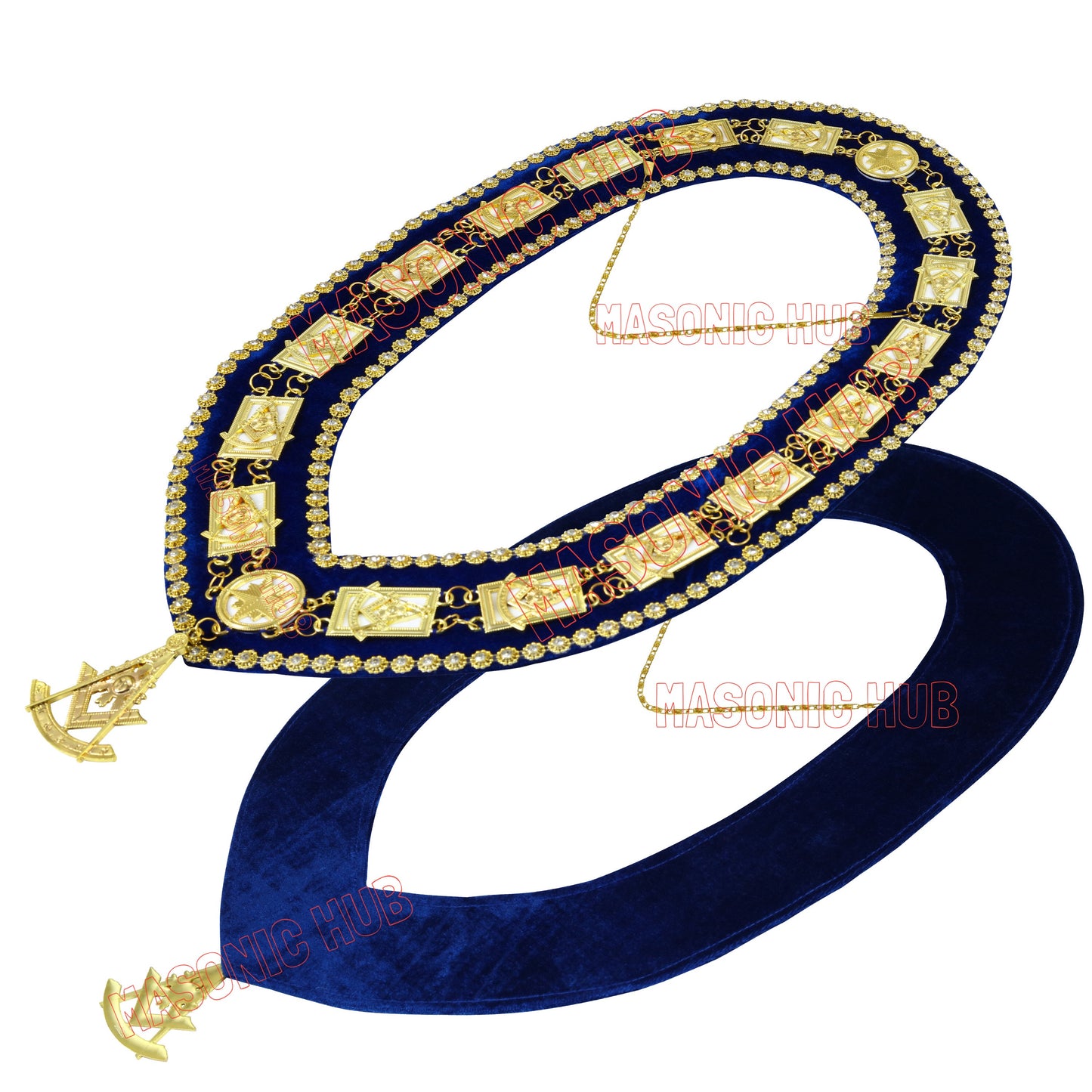 Masonic Past Master Metal Chain Collar Blue Backing With Rhinestones + Free Jewe