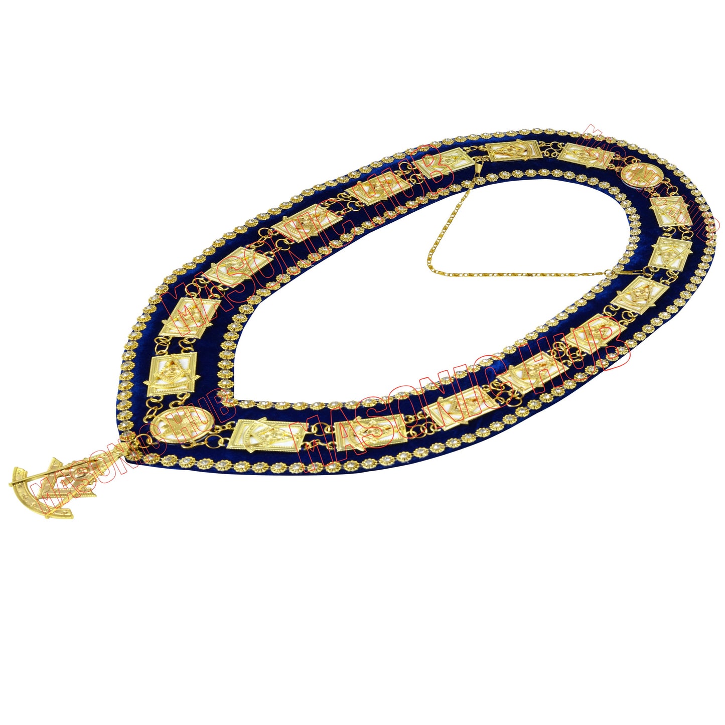 Masonic Past Master Metal Chain Collar Blue Backing With Rhinestones + Free Jewe