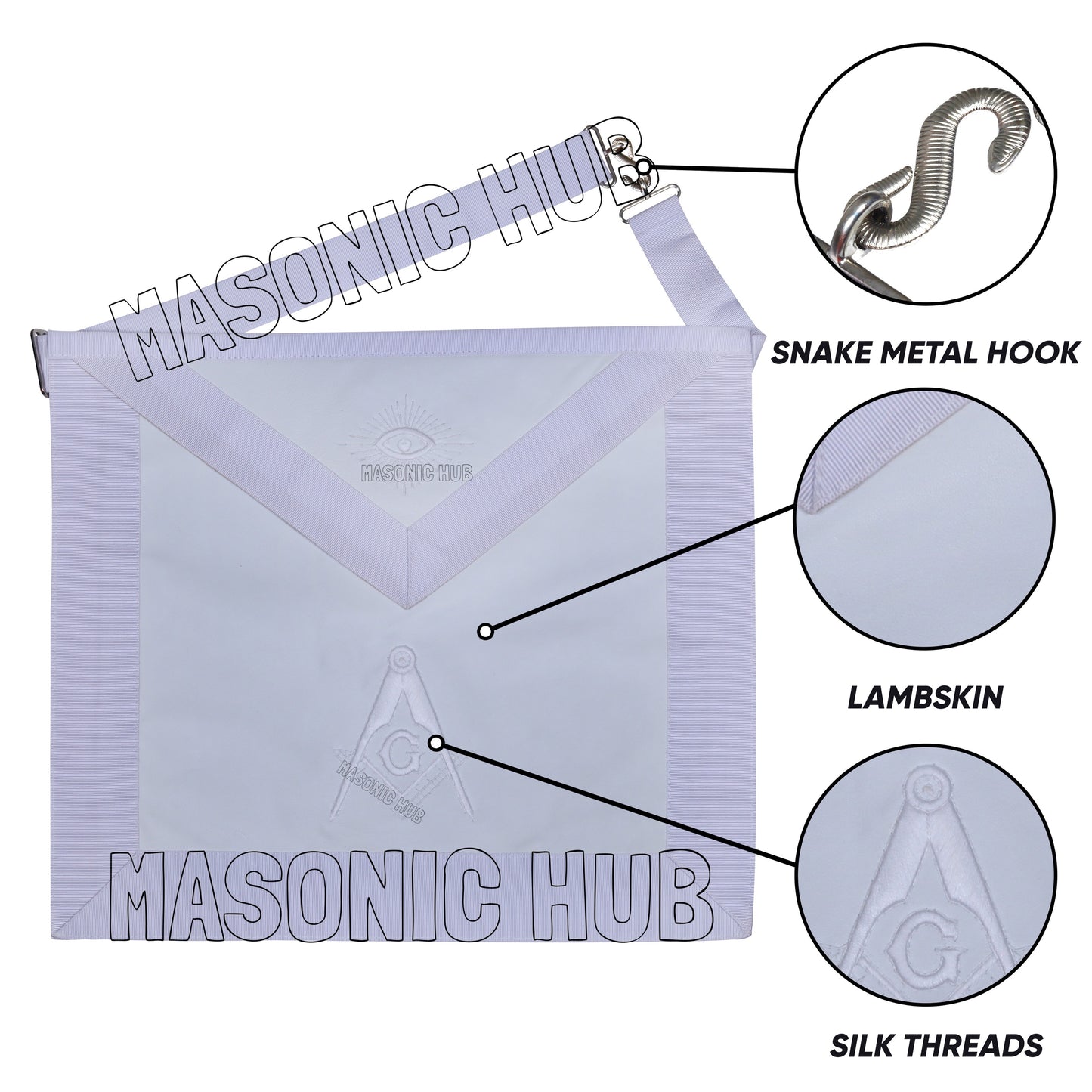MASONIC ALL WHITE HAND EMBROIDERED MASTER MASON 100% LAMBSKIN APRON