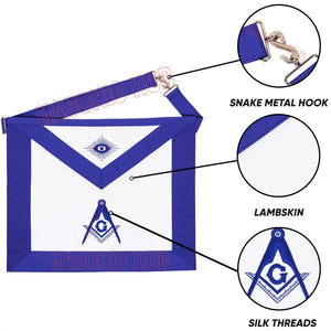 Handmade 100% Lambskin Blue Lodge Apron with Hand-Embroidered Compass & Square Masonic Hub