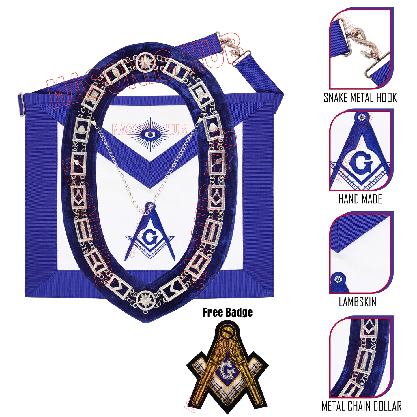 Masonic Blue Lodge Master Mason 100% Lambskin Apron & Working Tools Chain Collar – Includes Free Bullion Badge