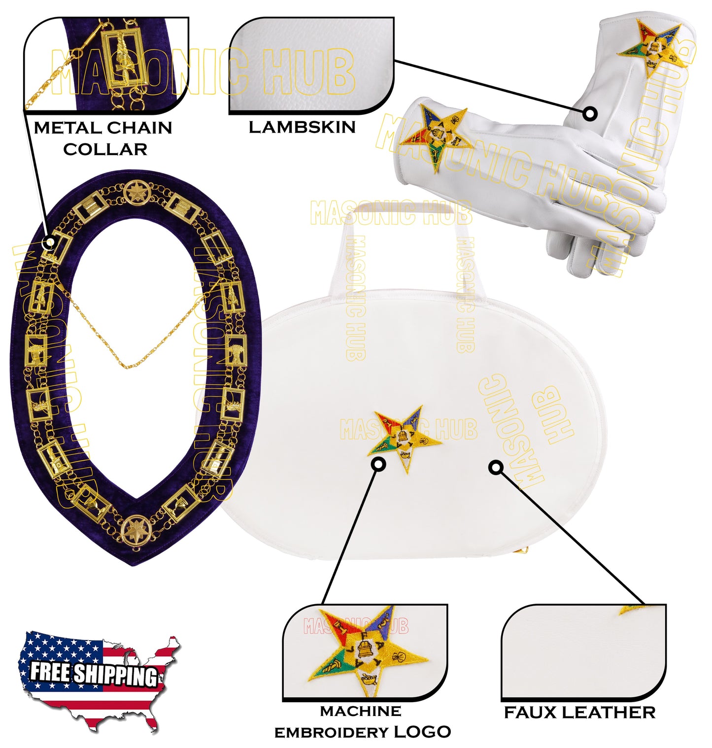 MASONIC OES LOGO CHAIN COLLAR CASE & OES CHAIN COLAR WITH LAMBSKIN GLOVES