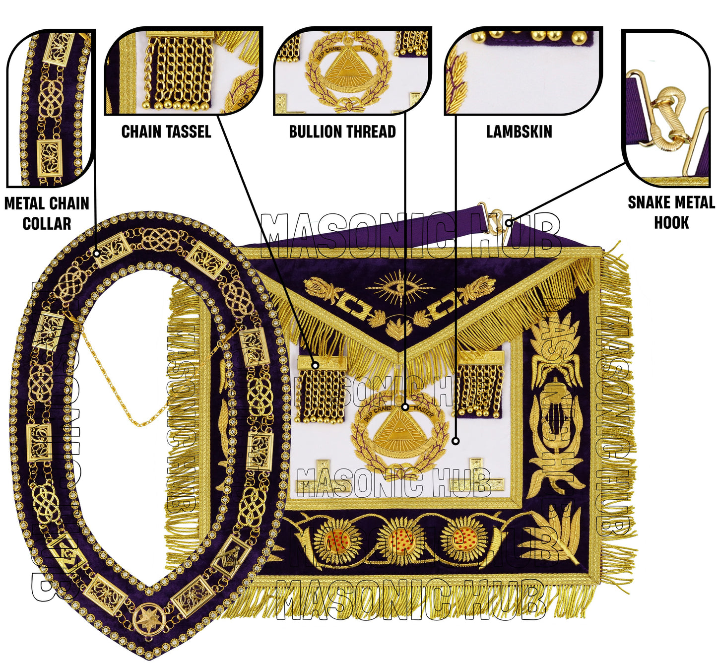 Masonic Regalia Deputy Grand Master 100% Lambskin Apron with Chain Collar & Cuffs