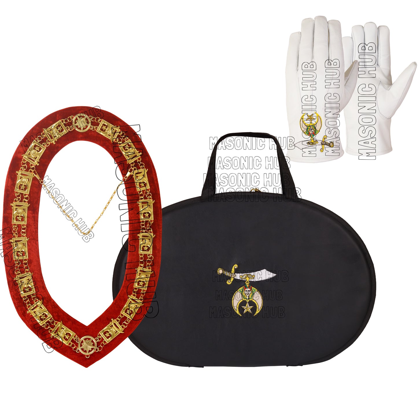 MASONIC SHRINER LOGO CHAIN COLLAR CASE WITH CHAIN COLAR & GLOVES + FREE JEWEL