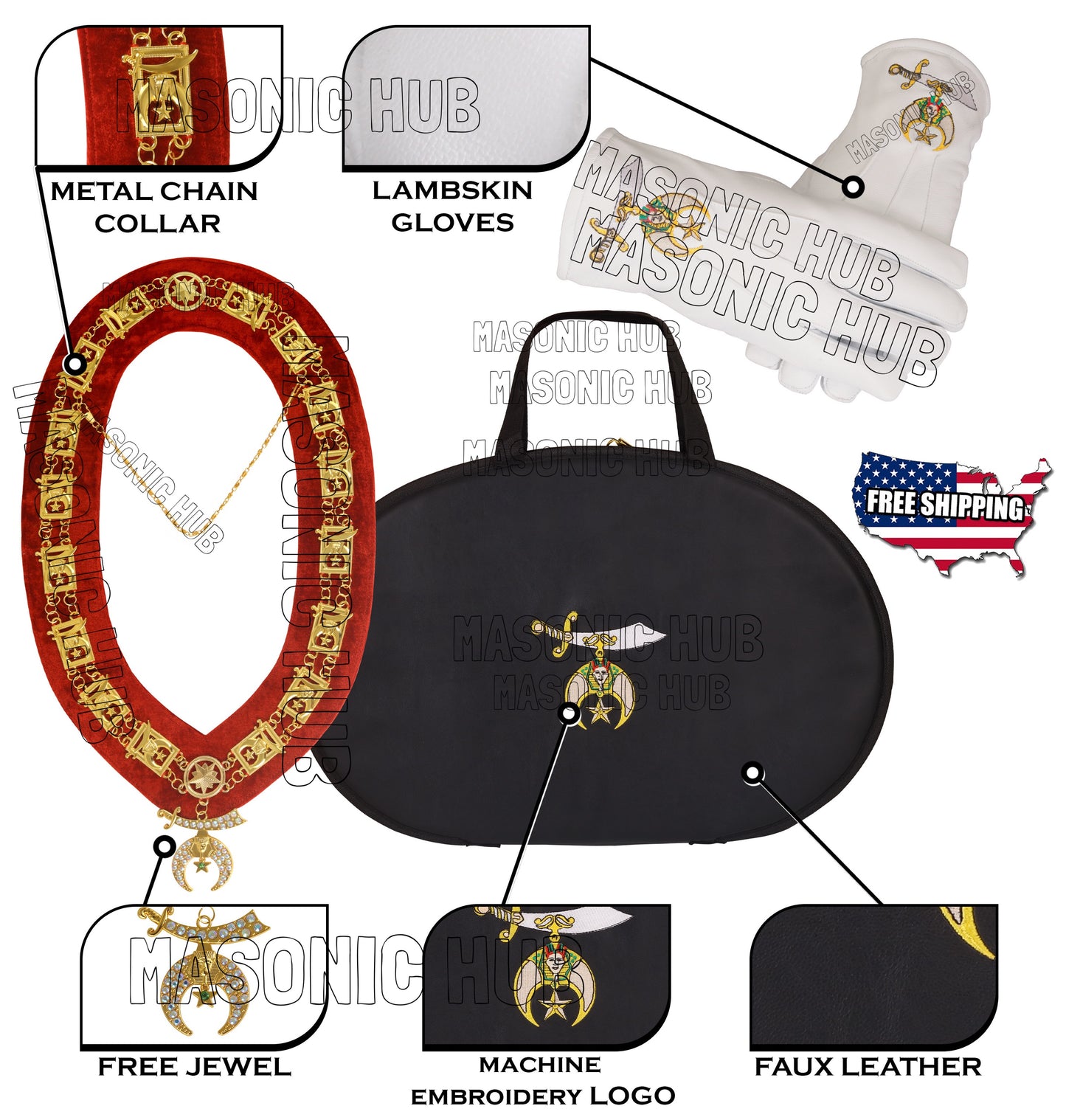 MASONIC SHRINER LOGO CHAIN COLLAR CASE WITH CHAIN COLAR & GLOVES + FREE JEWEL