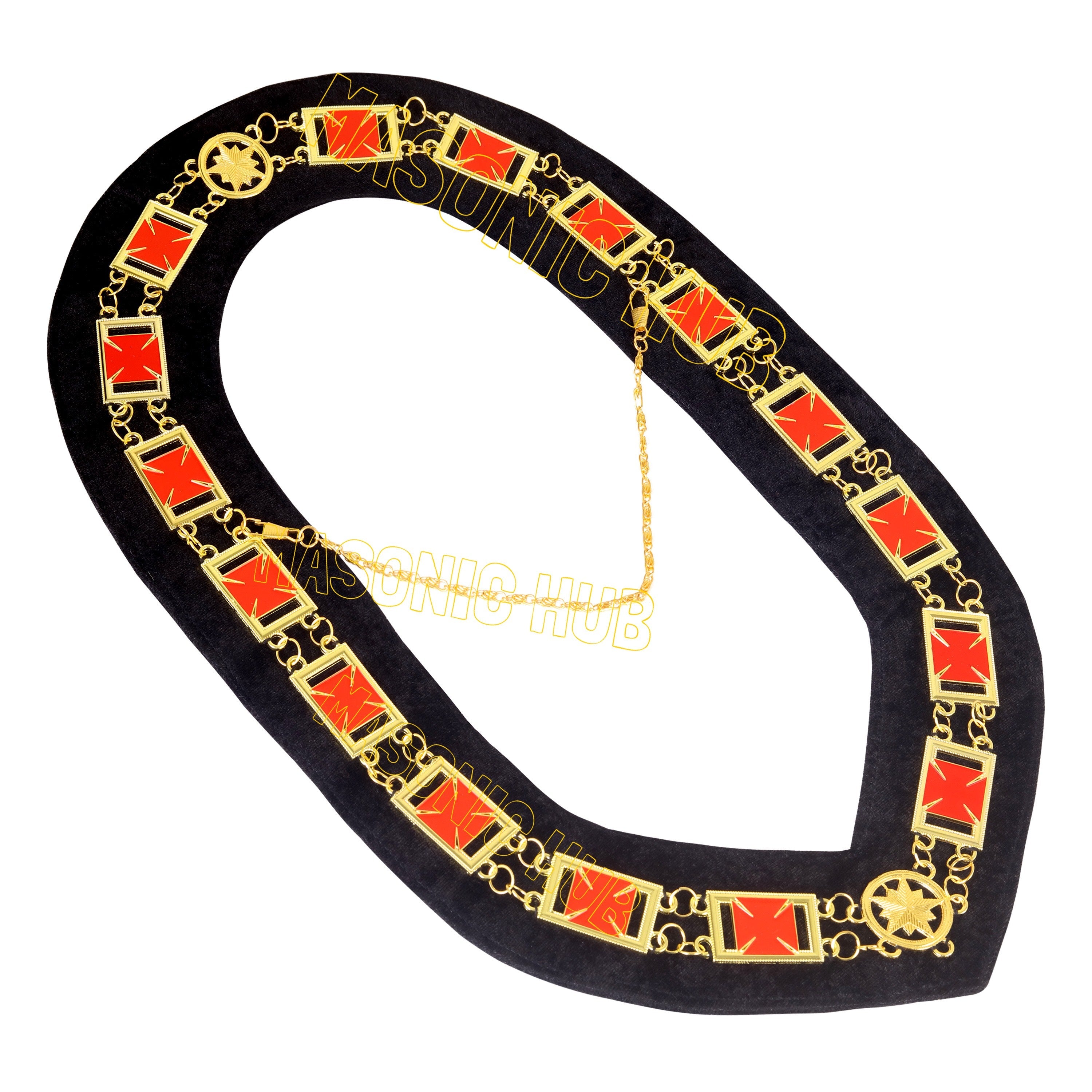 Masonic Regalia Knights Templar Commandery Chain Collar Black Velvt -Gold Plated Masonic Hub