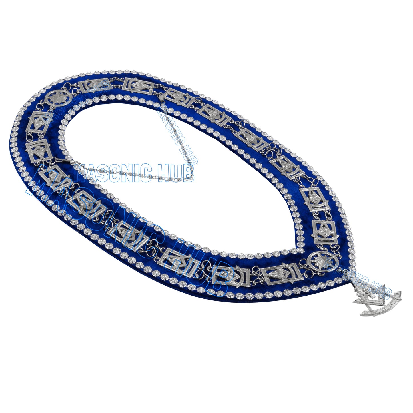 Masonic Past Master Metal Chain Collar Blue Backing With Rhinestones & Jewel