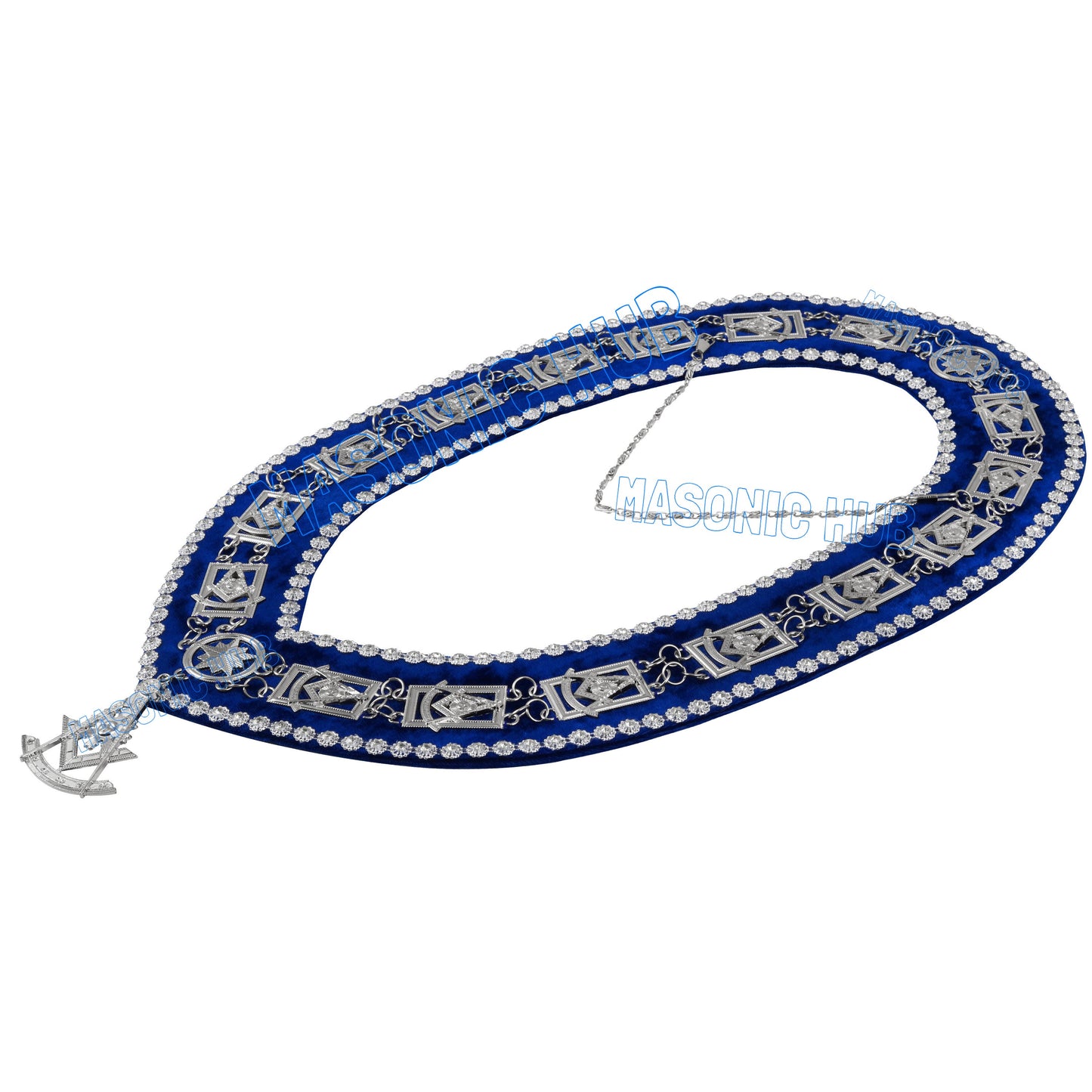 Masonic Past Master Metal Chain Collar Blue Backing With Rhinestones & Jewel