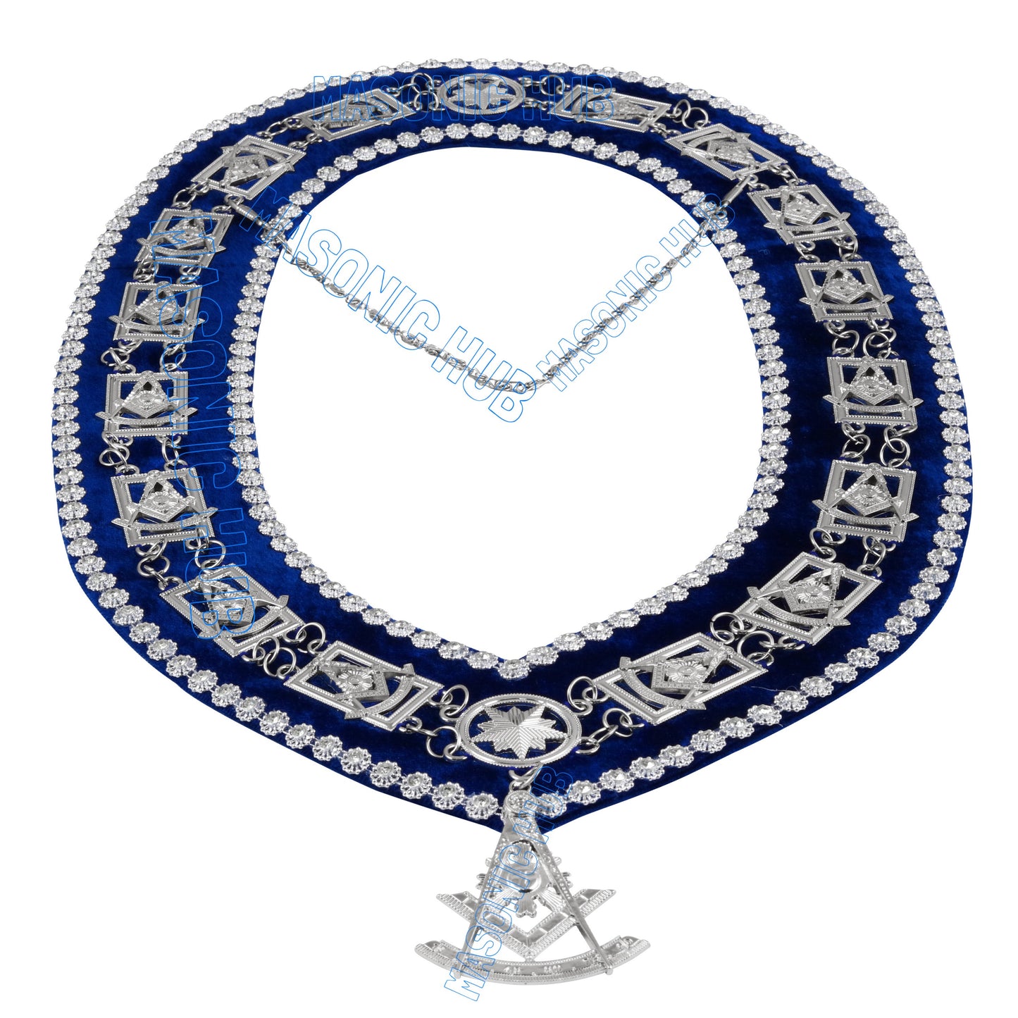 Masonic Past Master Metal Chain Collar Blue Backing With Rhinestones & Jewel