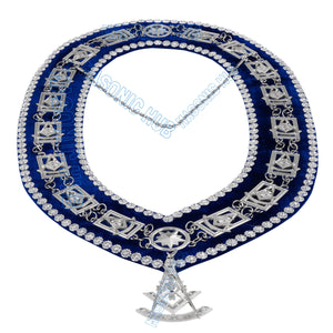 Masonic Past Master Metal Chain Collar Blue Backing With Rhinestones & Jewel Masonic Hub