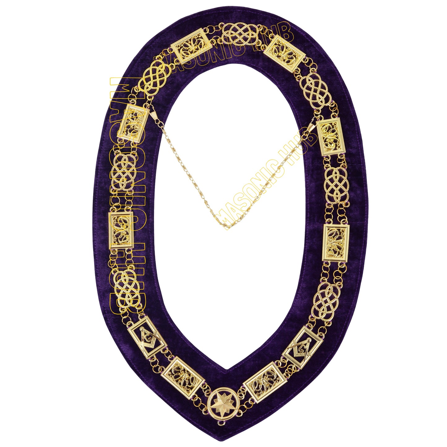 MASONIC REGALIA GRAND LODGE MASON METAL DRESS CHAIN COLLAR PURPLE BACKING - GOLD