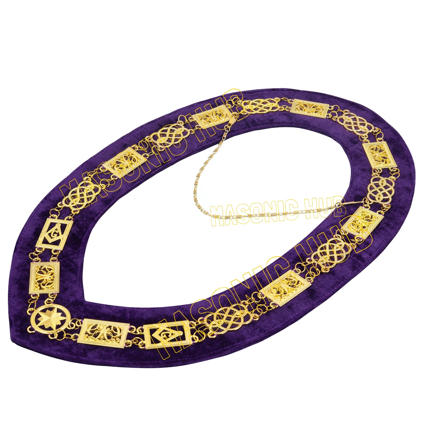 MASONIC REGALIA GRAND LODGE MASON METAL DRESS CHAIN COLLAR PURPLE BACKING - GOLD