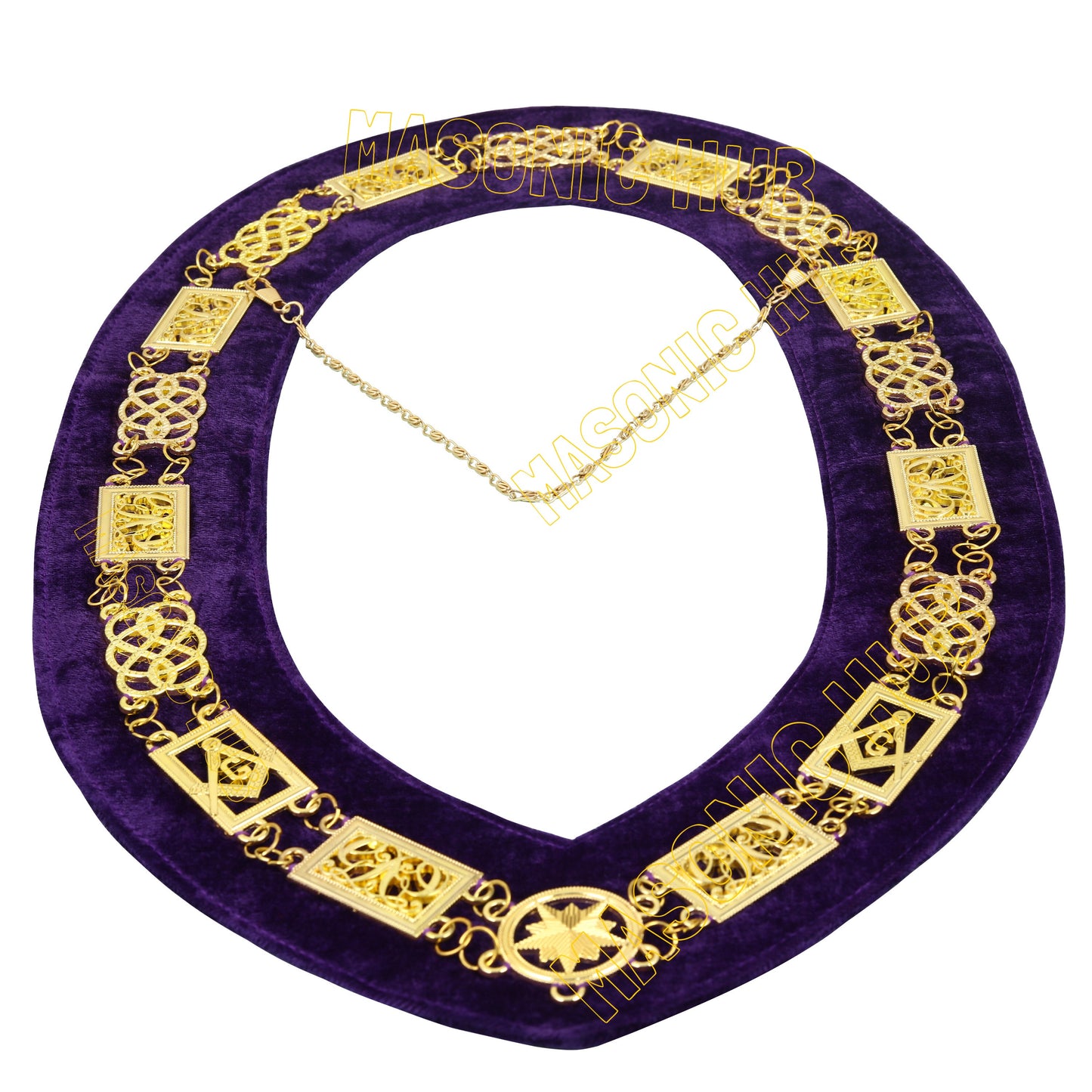 MASONIC REGALIA GRAND LODGE MASON METAL DRESS CHAIN COLLAR PURPLE BACKING - GOLD