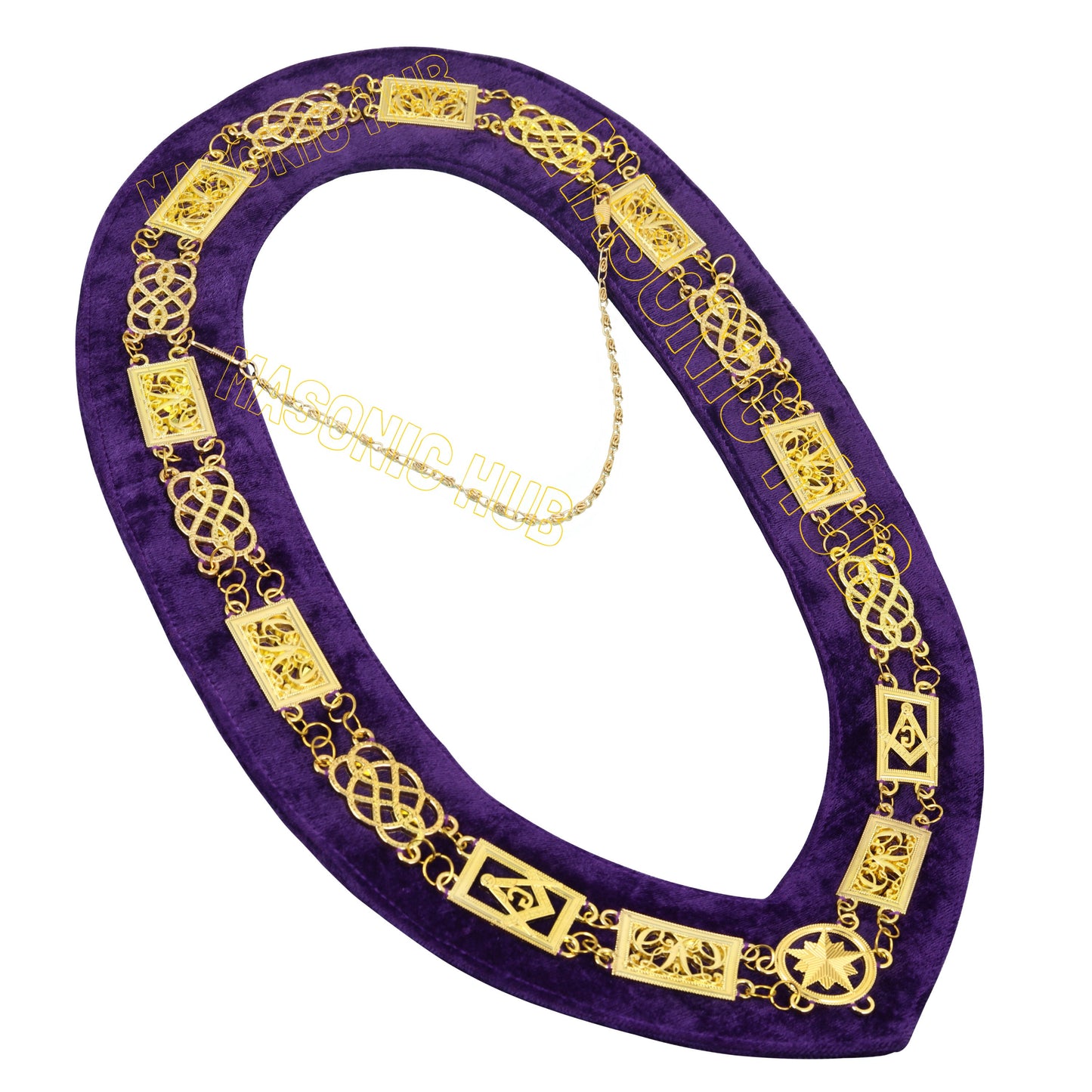 MASONIC REGALIA GRAND LODGE MASON METAL DRESS CHAIN COLLAR PURPLE BACKING - GOLD