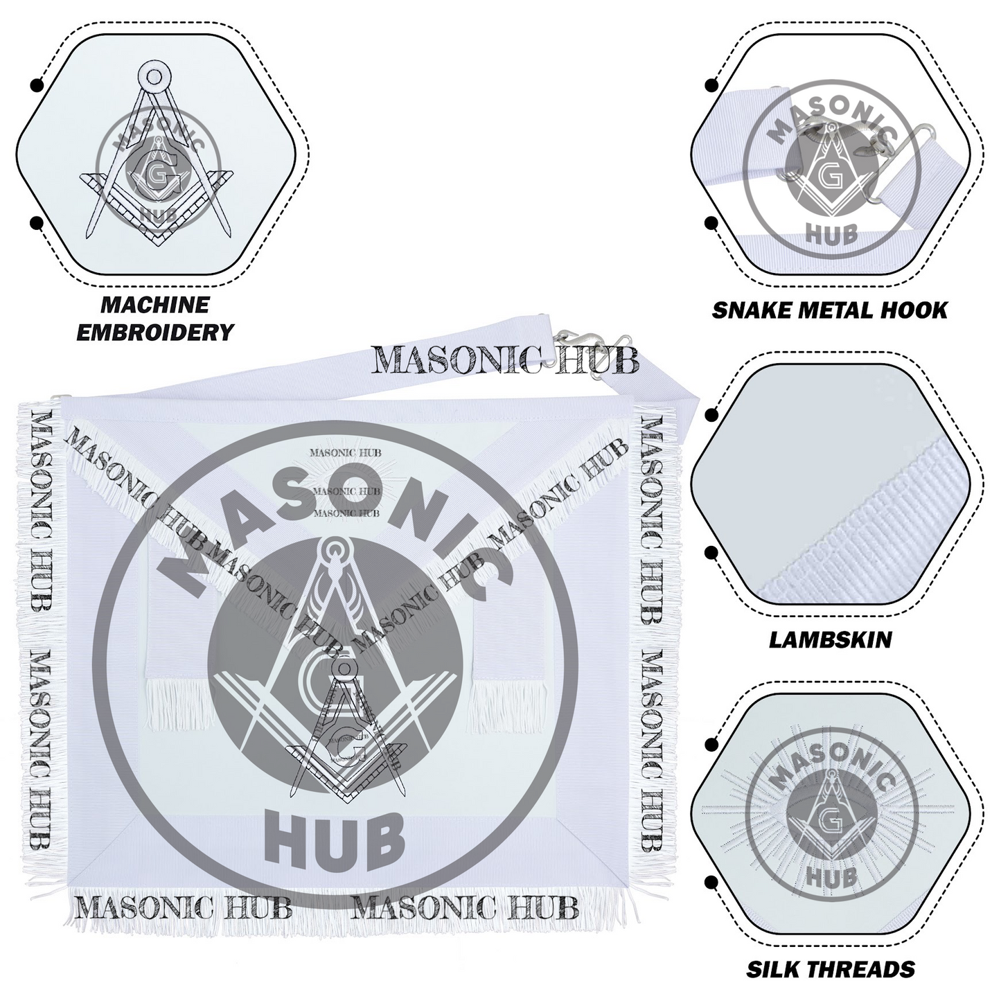Masonic Regalia All White Master Mason Apron Blue Lodge With Embroidery- Fringe