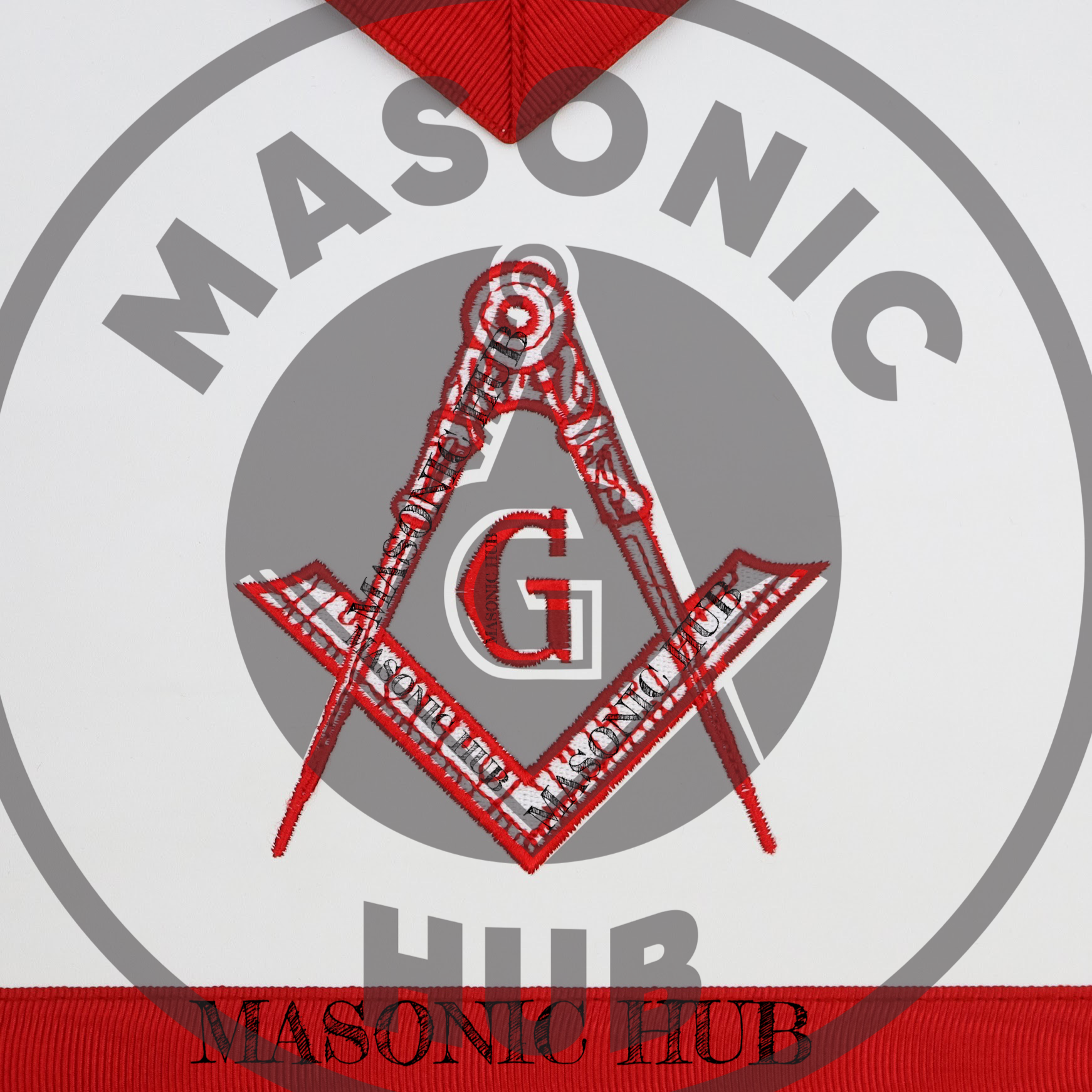 Masonic Master Mason Apron – Red Ribbon Dress Apron with Machine Embroidered Masonic Hub