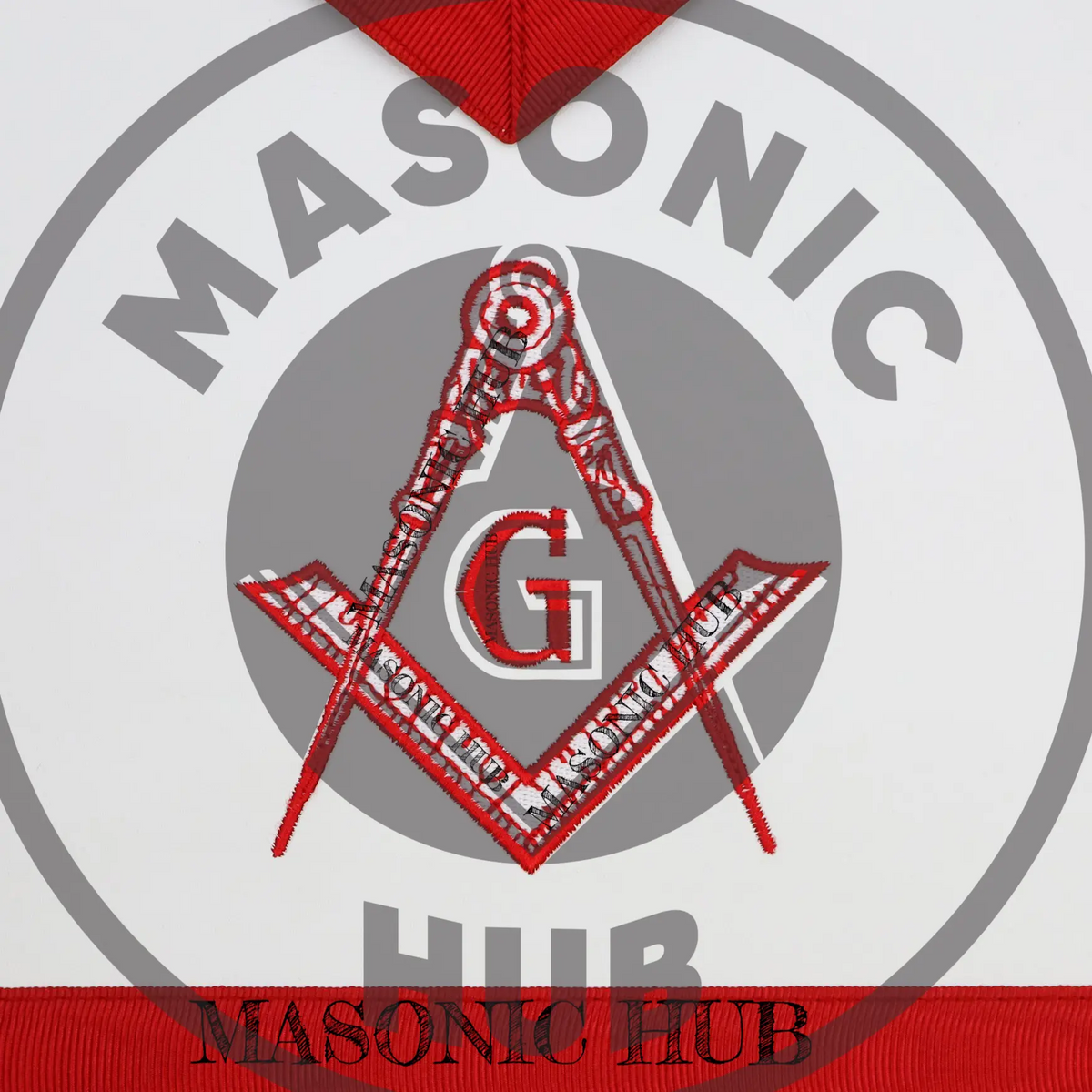 Masonic Master Mason Apron – Red Ribbon Dress Apron with Machine Embroidered Masonic Hub