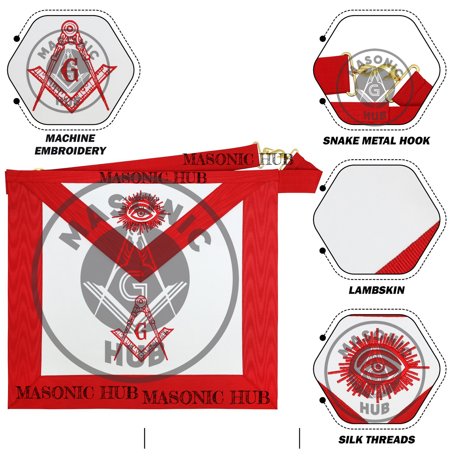 Masonic Master Mason Apron – Red Ribbon Dress Apron with Machine Embroidered