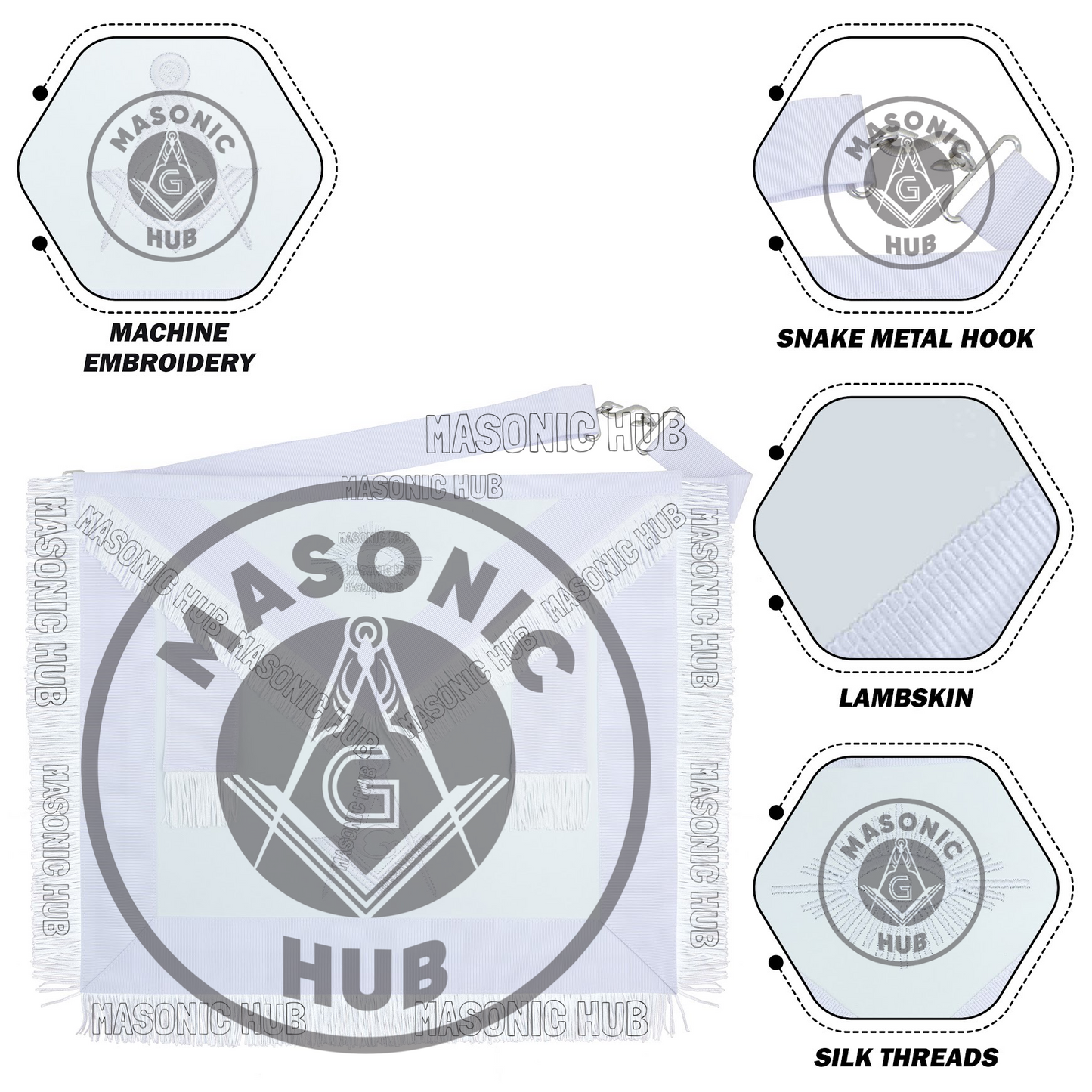 Master Mason Masonic Apron – All White Fringe Machine Embroidery All-Seeing Eye