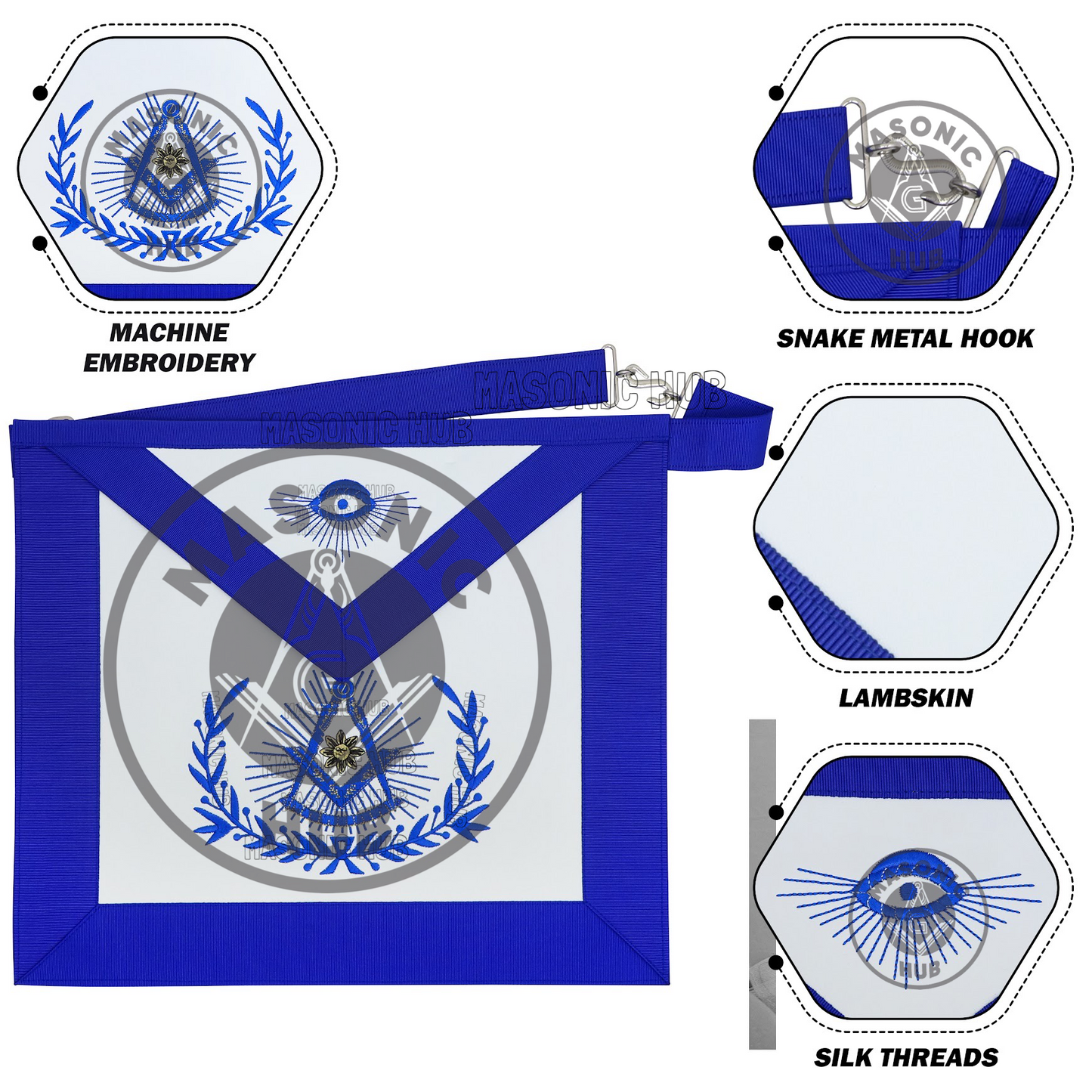 Past Master Masonic Regalia Apron with Wreath Faux Leather, Machine Embroidered