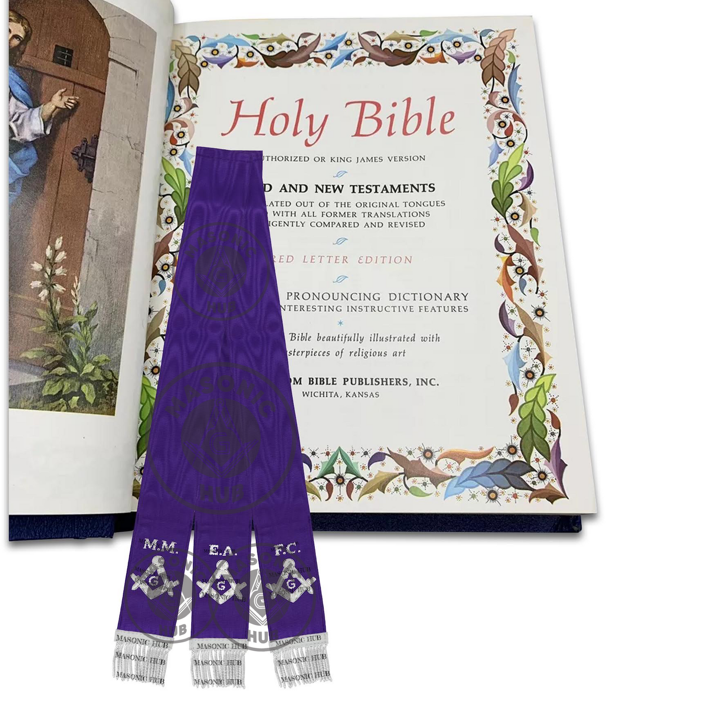 Masonic Bible Markers Hand Embroidered Purple Ribbon & Silver Bullion Threads