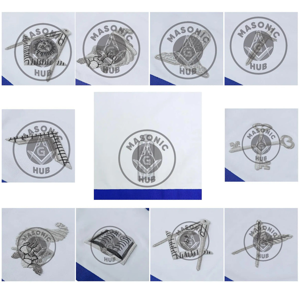 Texas Regulation Masonic Blue Lodge Officer Apron Set – 11-Piece Silver Embroidered Regalia with All-Seeing Eye Masonic Hub
