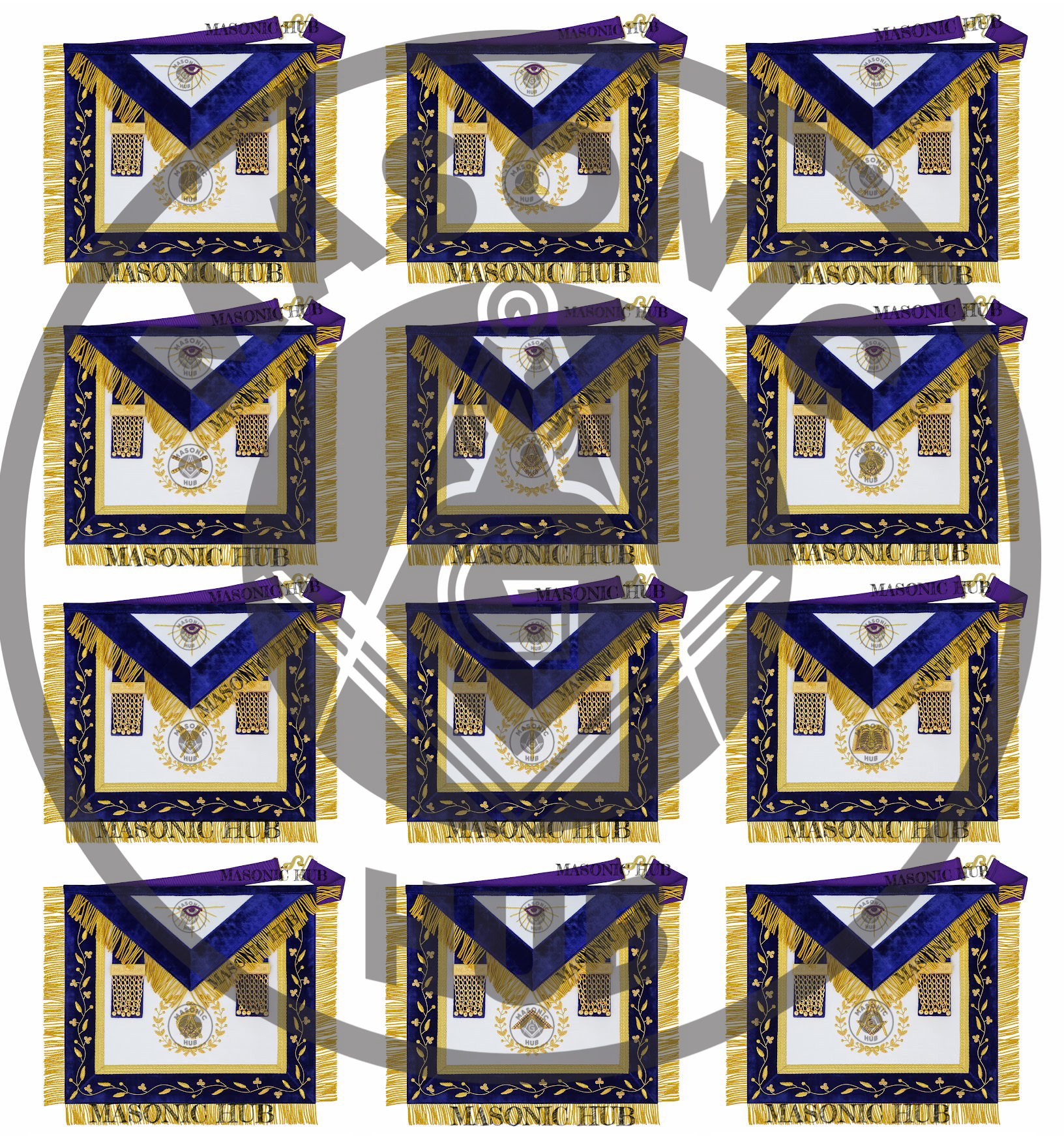 Grand Lodge Officer Aprons Set of 12 – Freemason Lambskin Regalia with Gold Bullion Hand Embroidery, Chain Collars, Jewels & Cuffs Masonic Hub